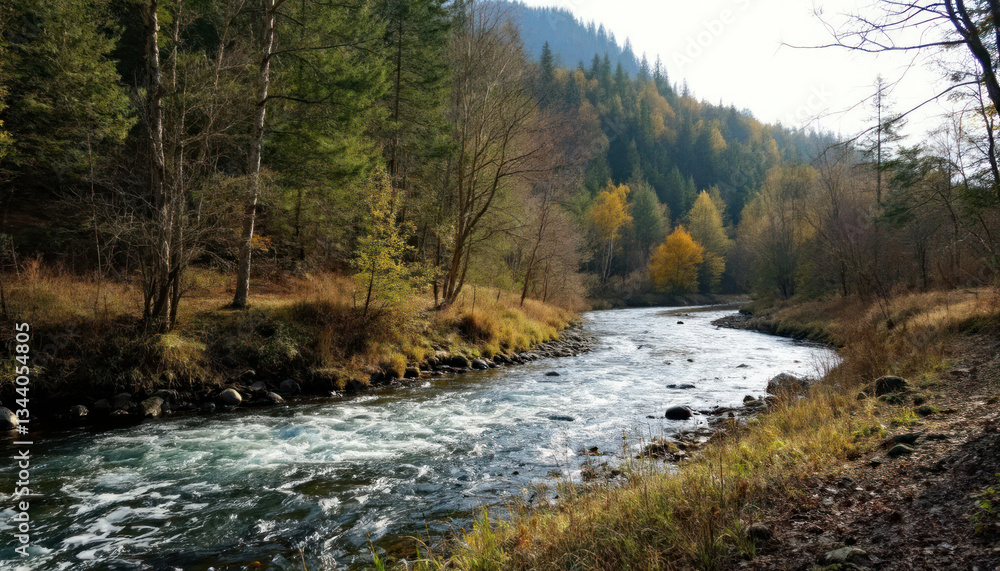 Serene Autumn River Flowing Through Majestic Mountains Serene Autumn River Flowing Through Majestic Mountains