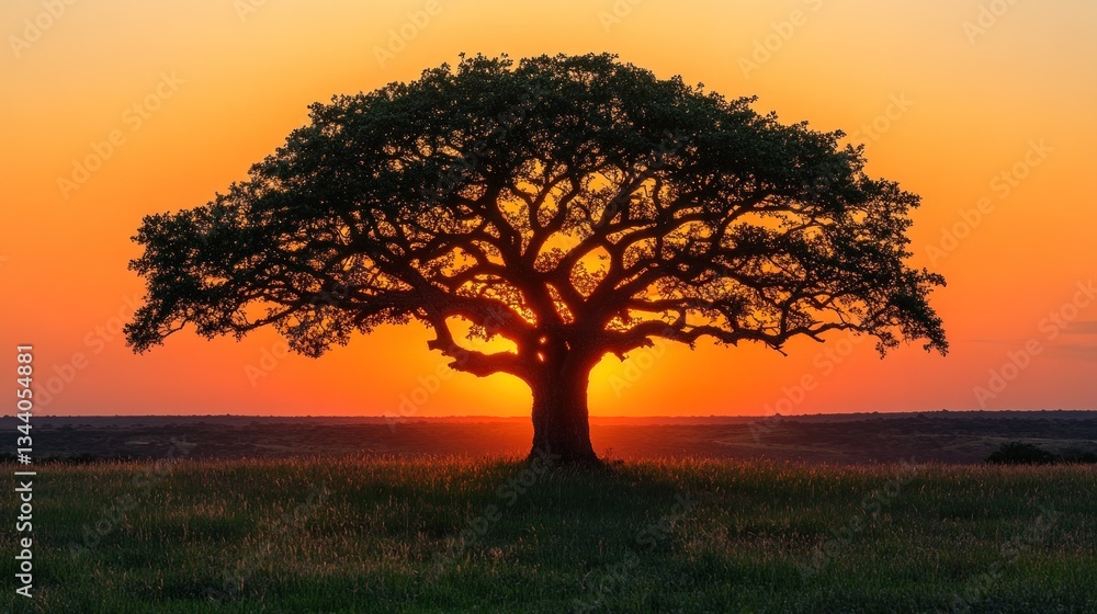 Fototapeta premium Solitary tree silhouetted against a vibrant sunset over a grassy field.