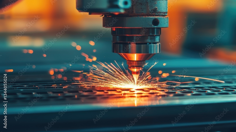 Precision Laser Cutting Process Creating Sparks and Heat in Industrial Workshop Environment Precision Laser Cutting Process Creating Sparks and Heat in Industrial Workshop Environment