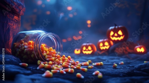 Halloween candy corn spilling from jar at night.