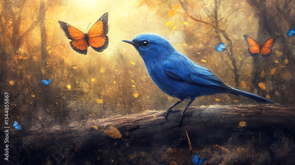 Fototapeta premium A vibrant blue bird perches on a log, surrounded by colorful butterflies in a serene, forested setting
