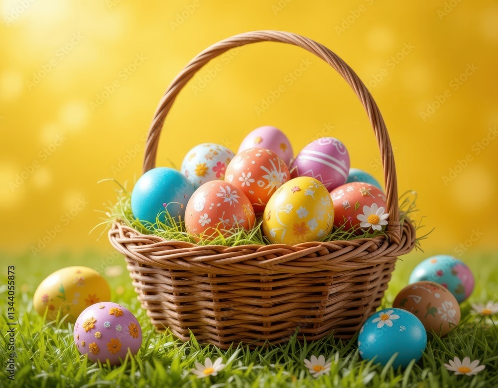 Colorful easter eggs in a basket spring garden still life bright atmosphere close-up view festive season Colorful easter eggs in a basket spring garden still life bright atmosphere close-up view festive season