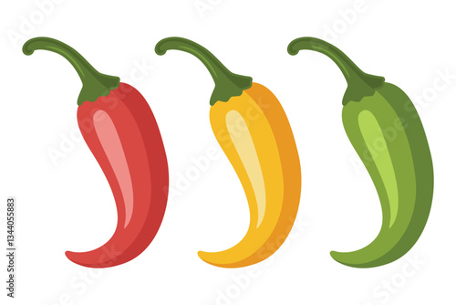 Chili Peppers Vector Set, Isolated. Red, Yellow, Green Hot Peppers, Spicy Food Ingredients, Mexican Cuisine, Fresh Organic Vegetables. Vector Illustration for Food Design