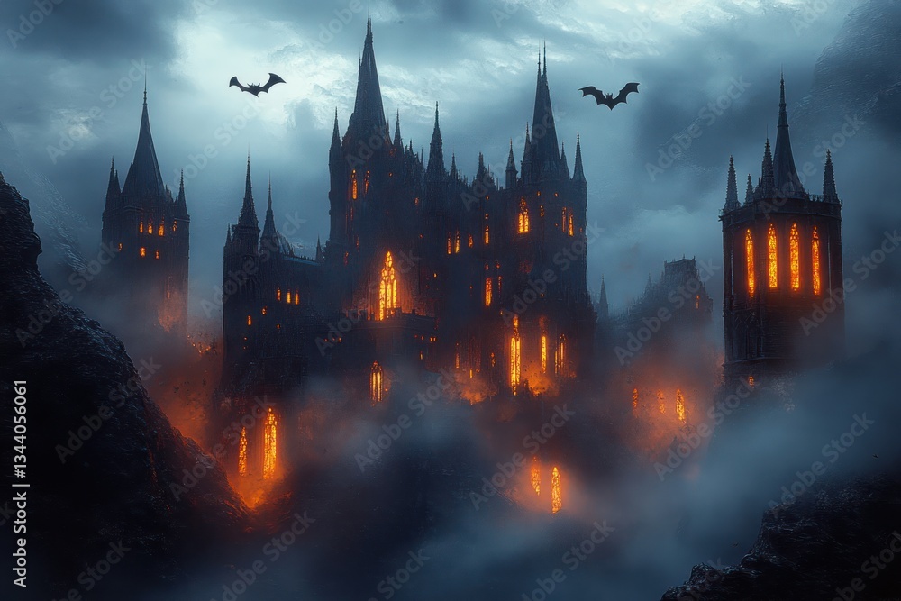 Haunted Gothic Castle with Spires and Glowing Windows Under Stormy Sky Haunted Gothic Castle with Spires and Glowing Windows Under Stormy Sky