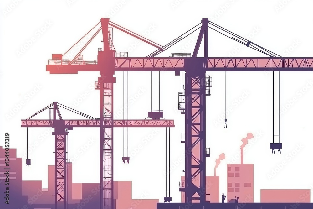 Urban Construction Scene with Cranes and Silhouetted Workers Urban Construction Scene with Cranes and Silhouetted Workers