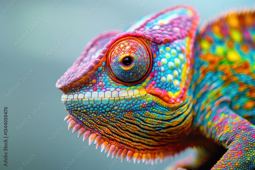 Fototapeta premium A close-up of a chameleon shifting colors, its vibrant scales forming intricate, ever-changing patterns