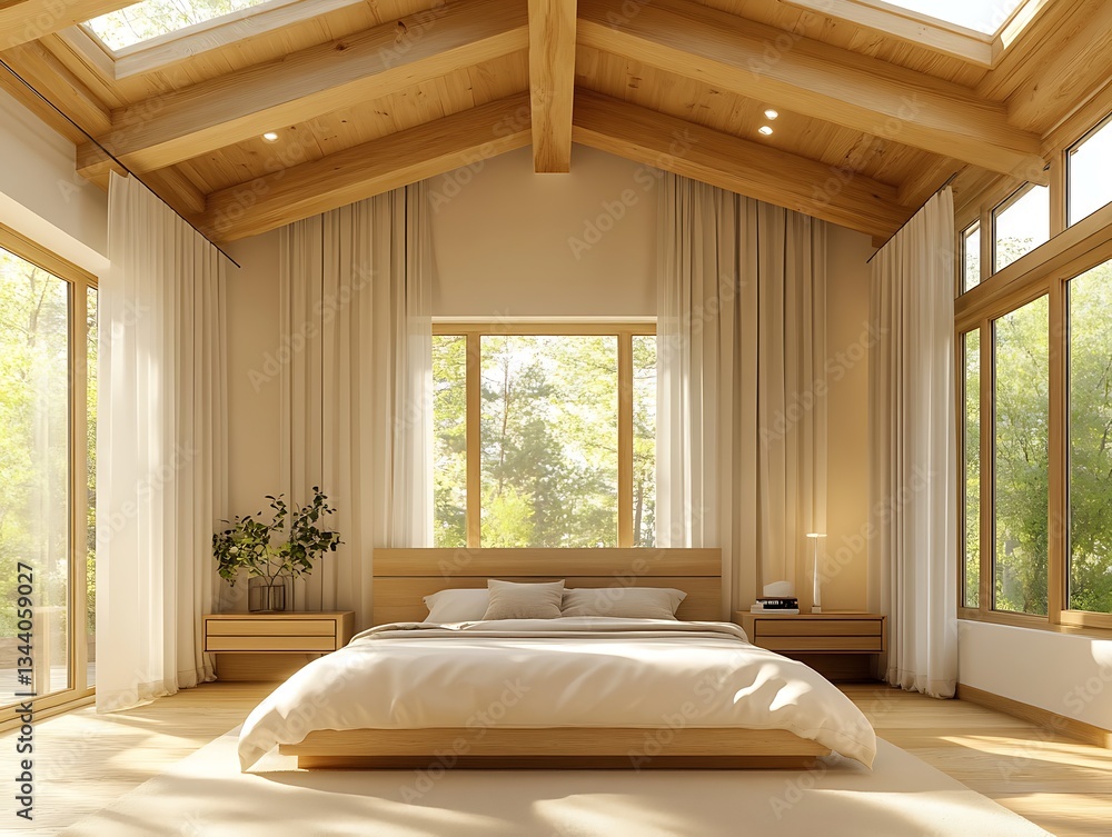 A spacious bedroom featuring wooden beams and large windows A spacious bedroom featuring wooden beams and large windows