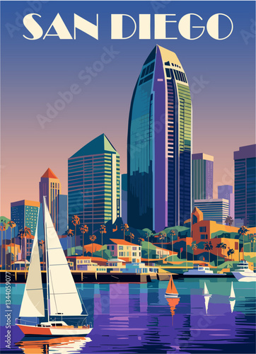 San Diego, USA travel destination poster in retro style. Colorful vector illustration