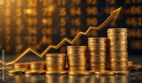 Stacks of gold coins ascending alongside a rising gold arrow, set against a blurred background of financial numbers.