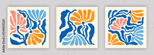 Naive drawing style square poster design set. Abstract simple colorful flower and leaf compositions. Contemporary art cards. EPS 10 vector backgrounds.