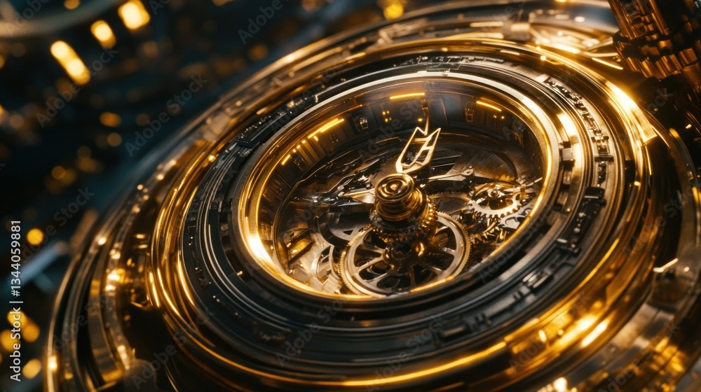 Close-up of intricate gold clockwork mechanism with glowing details. Close-up of intricate gold clockwork mechanism with glowing details.