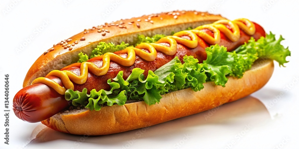 Juicy Grilled Hot Dog Isolated on White Background - Perfect for Menu Design Juicy Grilled Hot Dog Isolated on White Background - Perfect for Menu Design