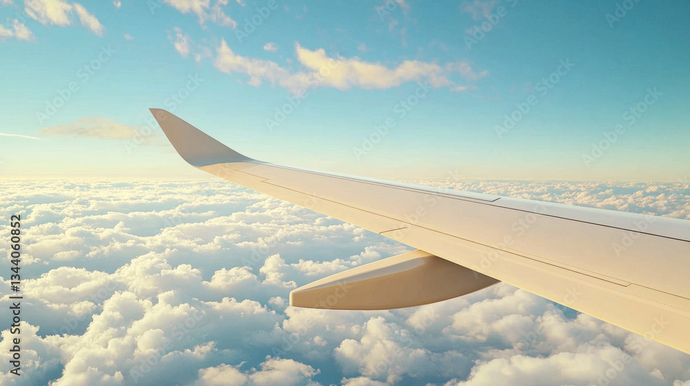 Obraz premium close up view of airplane wing against backdrop of scenic skies and fluffy clouds, evoking sense of adventure and freedom