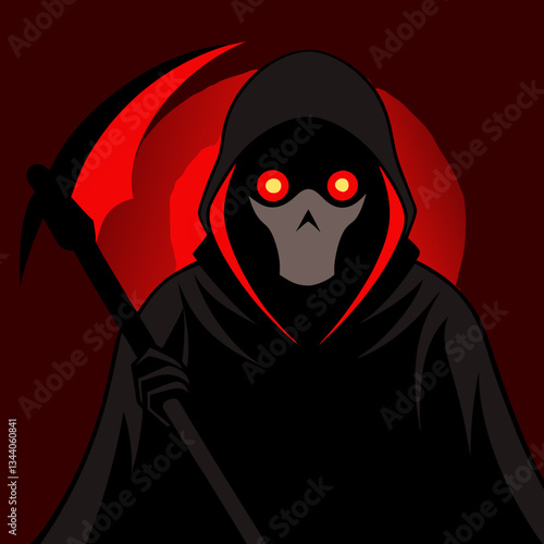Shadowy Hooded Figure with Scythe – Dark Grim Reaper Art with Glowing Red Eyes Vector Design