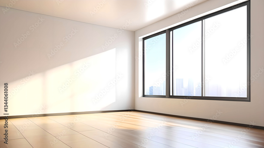 Fototapeta premium Bright empty room filled with natural sunlight, minimal and spacious interior