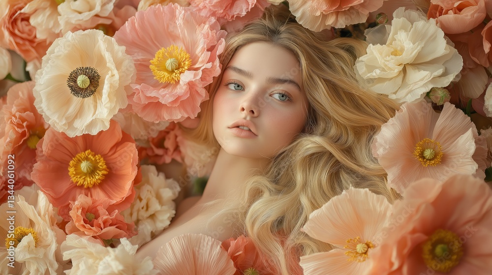 Surrounded by a vibrant array of pastel flowers, a young woman gazes gently, embodying peacefulness and beauty. This serene setting captures the essence of summer's warmth and life's fragility Surrounded by a vibrant array of pastel flowers, a young woman gazes gently, embodying peacefulness and beauty. This serene setting captures the essence of summer's warmth and life's fragility