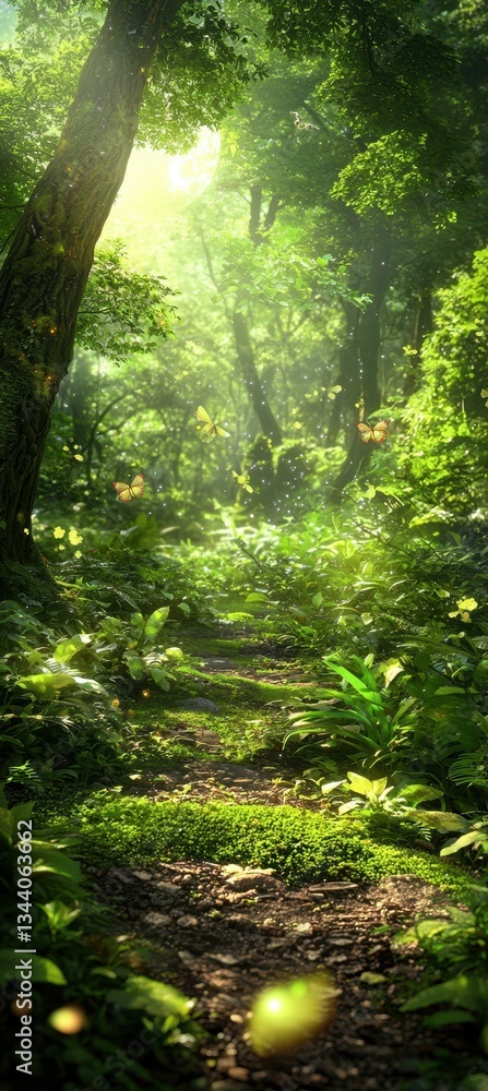 Obraz premium A serene forest pathway illuminated by soft sunlight, surrounded by lush greenery and vibrant plants, creating a tranquil and inviting atmosphere.
