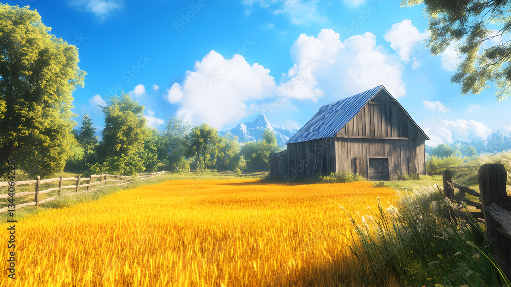 Obraz premium Rustic countryside barn with golden fields under a warm sunset sky