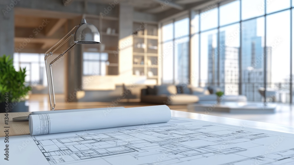 A classic architectural workspace featuring blueprints and a drafting lamp. A classic architectural workspace featuring blueprints and a drafting lamp.