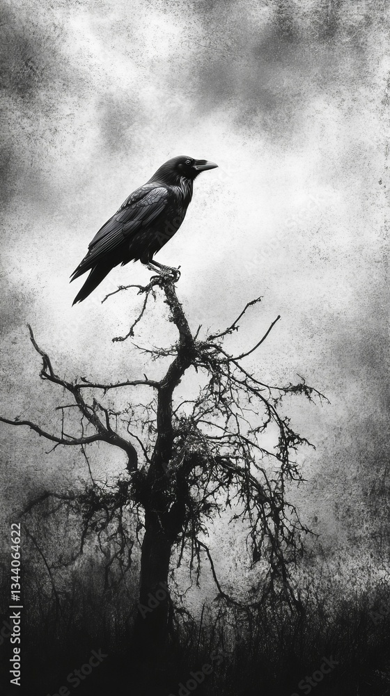 Fototapeta premium Crow atop barren tree, moody monochrome image.