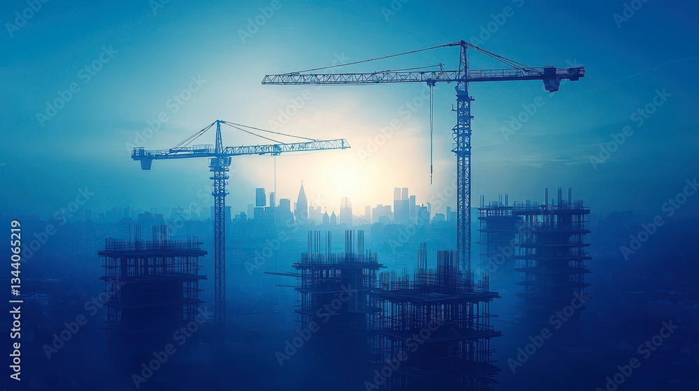 View of machinery cranes in action urban construction site with multiple tower View of machinery cranes in action urban construction site with multiple tower