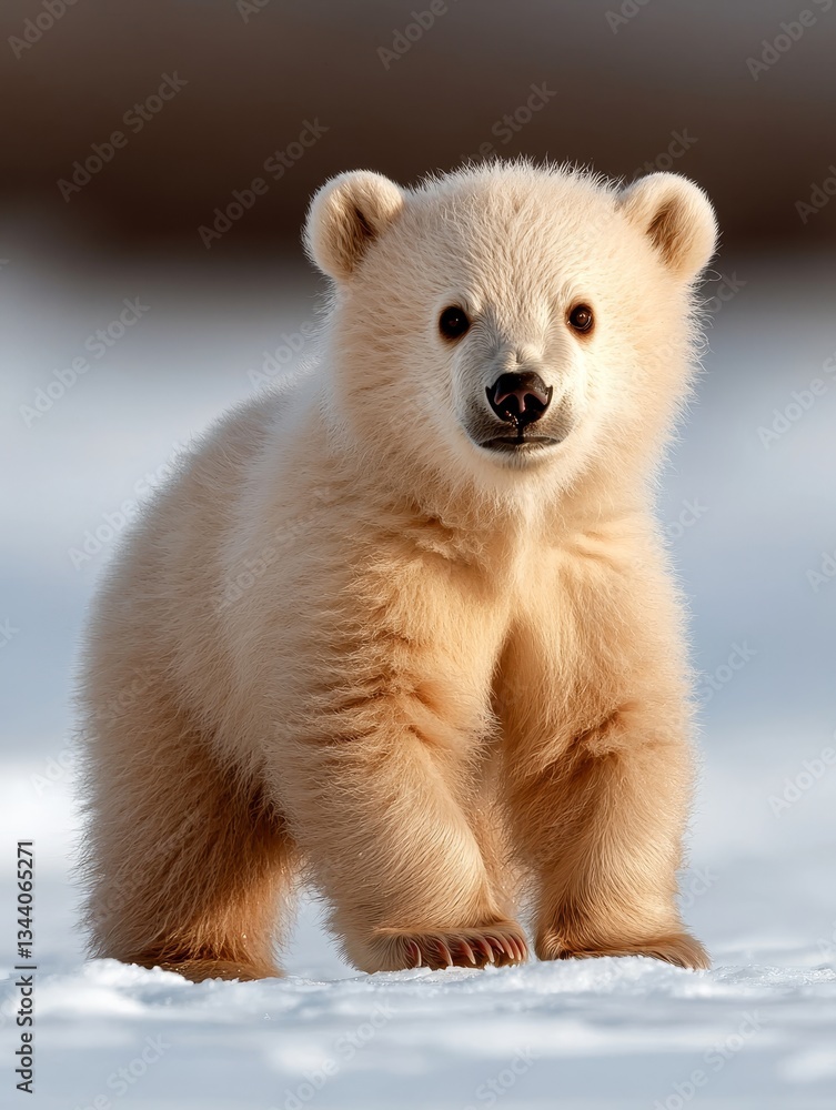 Fototapeta premium Adorable polar bear cub standing in a snowy landscape, showcasing its fluffy fur and curious expression.