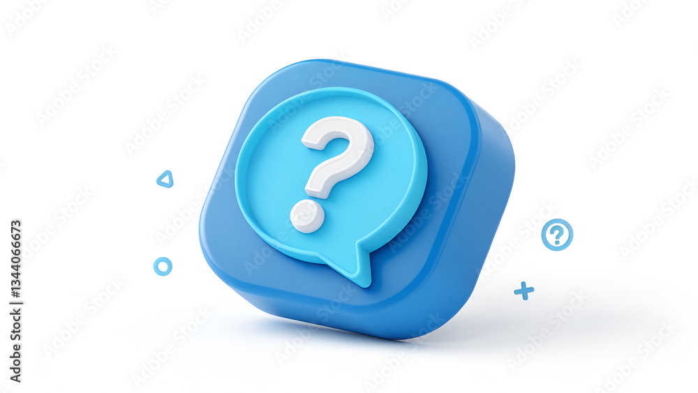 Blue square with a speech bubble containing a white question mark on a white background render Blue square with a speech bubble containing a white question mark on a white background render