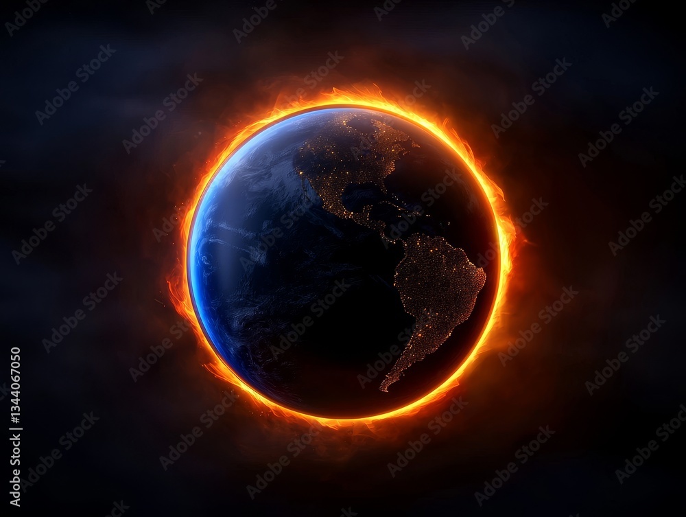 Naklejka premium Glowing Earth surrounded by fiery aura in a dark background.
