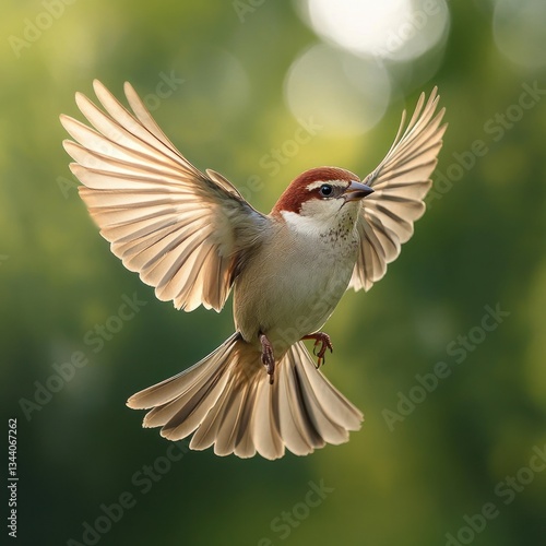 sparrow in mid flight with spread wings and detailed feathers in spring garden