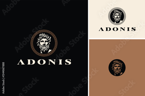 Beard Man Mythical God like Adonis Zeus Neptune Poseidon with circular Greek key fret meander pattern frame border classic logo design	