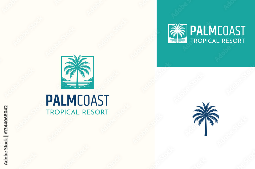 Fototapeta premium Palm Coconut Tree with Coral Hill or Island Sand and Water for Tropical Lake Coast Beach Resort logo design
