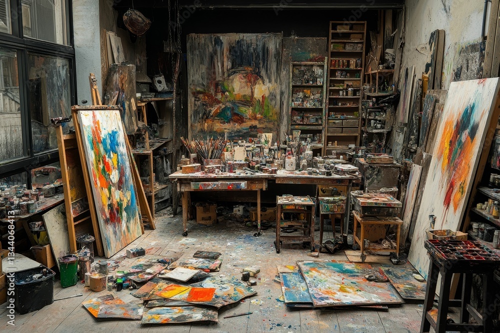 Cluttered art studio bursting with creativity Cluttered art studio bursting with creativity