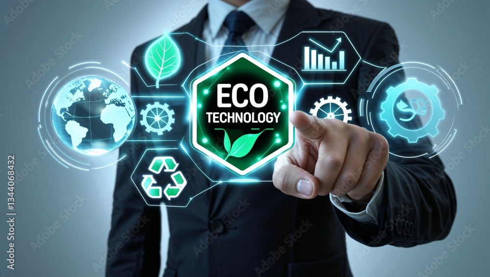 an using virtual touch interface presses text: ECO TECHNOLOGY. Environmental technology concept. Sustainable development goals. SDGs. Green Computing, Green Technology, Green IT, an using virtual touch interface presses text: ECO TECHNOLOGY. Environmental technology concept. Sustainable development goals. SDGs. Green Computing, Green Technology, Green IT,