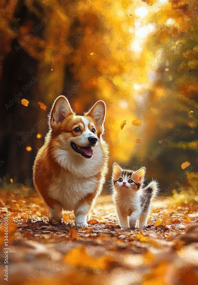 Corgi and Kitten Walk Through Autumn Foliage in a Sunny Forest Corgi and Kitten Walk Through Autumn Foliage in a Sunny Forest