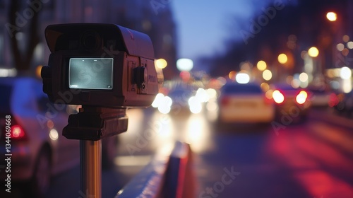 Wallpaper Mural Nighttime urban scene featuring a speed camera monitoring traffic on a busy street with blurred car lights Torontodigital.ca