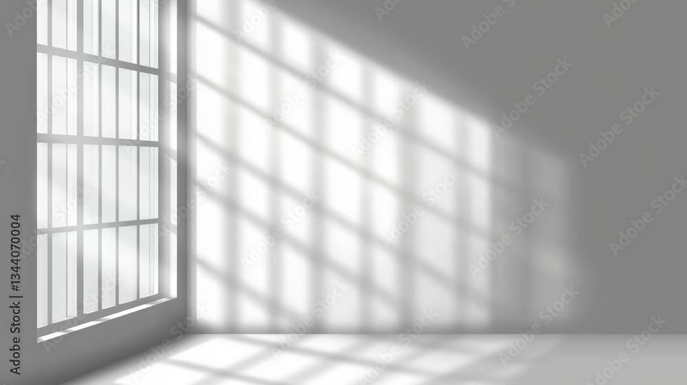 Empty Room With Sunlight Streaming Through Large Window Creating Geometric Shadow Patterns On Walls and Floor in a Minimalist Style