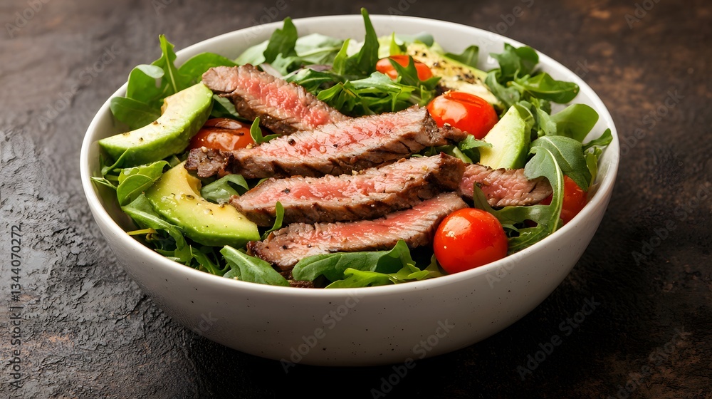 Fresh Salad with Grilled Beef, Avocado Slices, and Cherry Tomatoes in Bowl Fresh Salad with Grilled Beef, Avocado Slices, and Cherry Tomatoes in Bowl