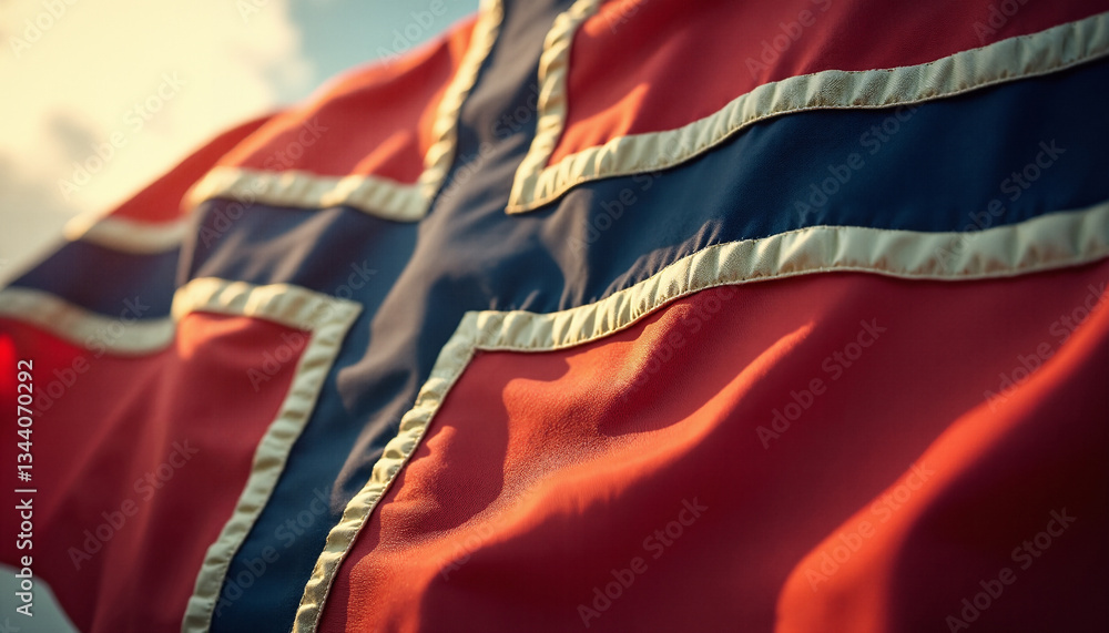 Fototapeta premium Antique Norway Flag: Close-up, Rippling, Sunlight, Detailed Texture.