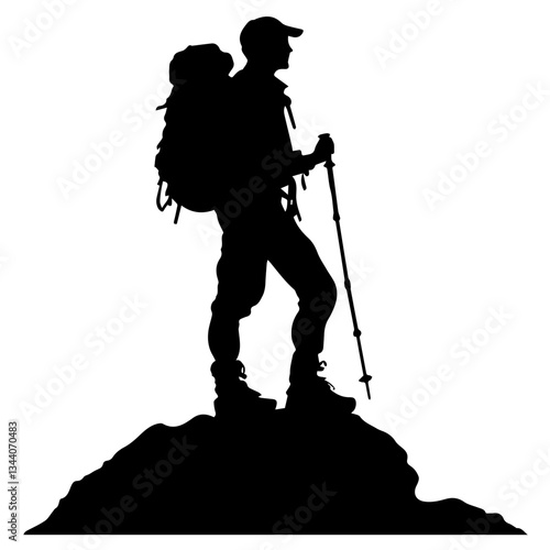 Lone hiker Ascending Treacherous Peak in Misty Wilderness