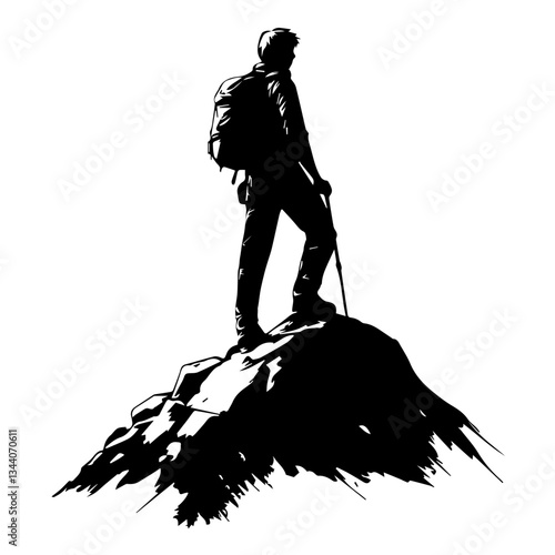 Lone hiker Ascending Treacherous Peak in Misty Wilderness