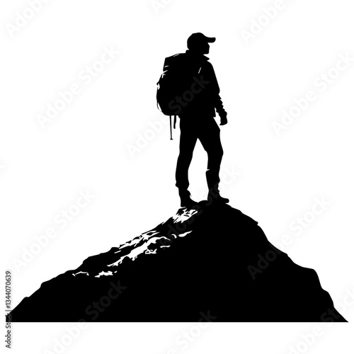 Lone hiker Ascending Treacherous Peak in Misty Wilderness