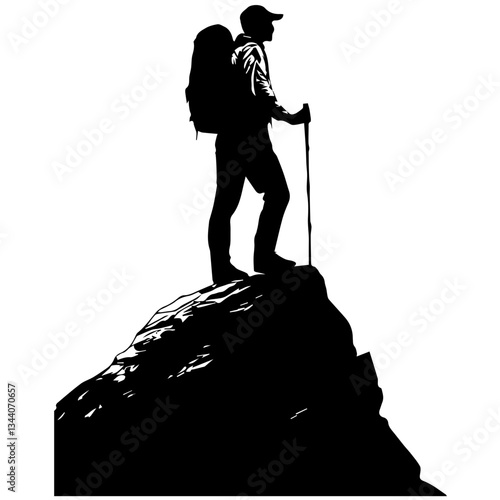 Lone hiker Ascending Treacherous Peak in Misty Wilderness