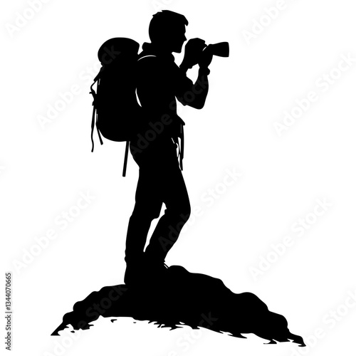 Lone hiker Ascending Treacherous Peak in Misty Wilderness