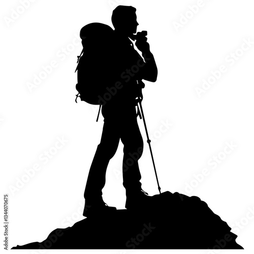 Lone hiker Ascending Treacherous Peak in Misty Wilderness