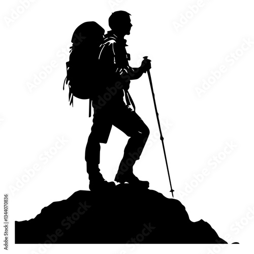 Lone hiker Ascending Treacherous Peak in Misty Wilderness