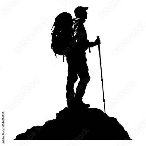 Lone hiker Ascending Treacherous Peak in Misty Wilderness