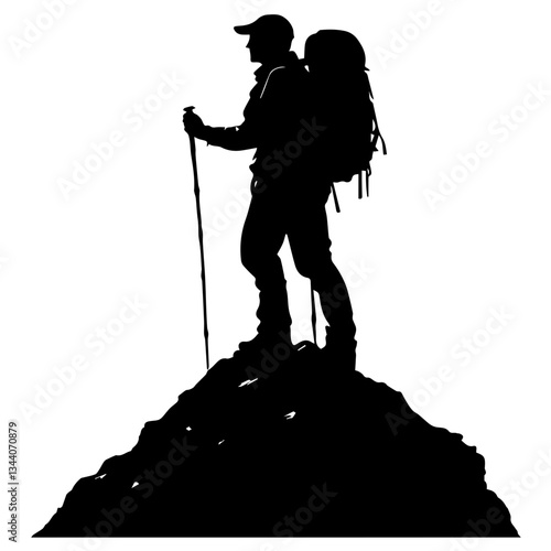 Lone hiker Ascending Treacherous Peak in Misty Wilderness