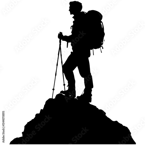 Lone hiker Ascending Treacherous Peak in Misty Wilderness