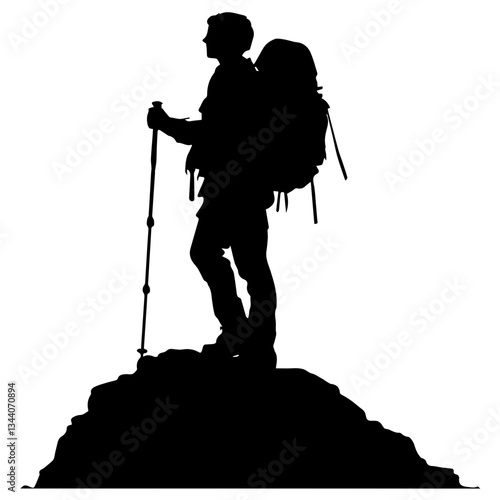 Lone hiker Ascending Treacherous Peak in Misty Wilderness