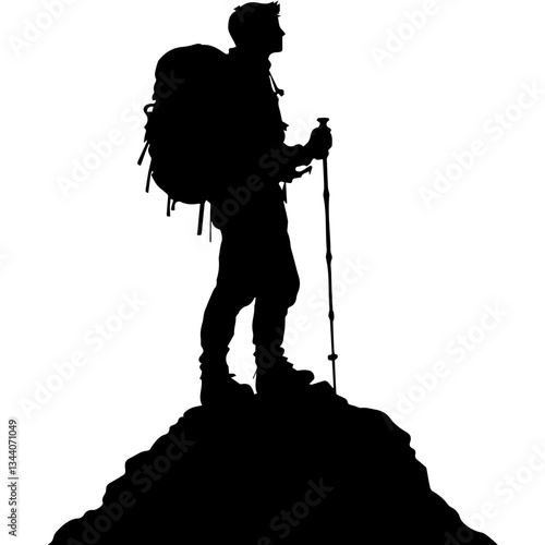 Lone hiker Ascending Treacherous Peak in Misty Wilderness